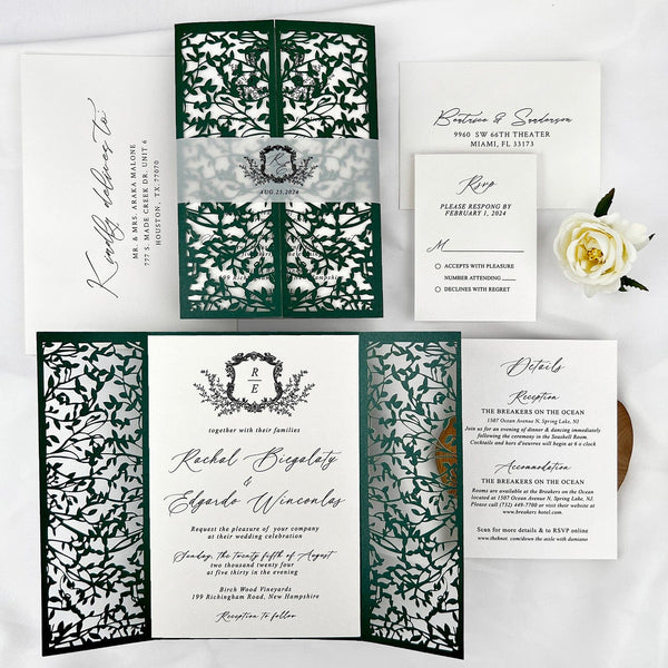 Vintage Dark Green and Ivory Laser Cut Wedding Invitation, Emerald Leaves Mesh Gate Fold Invites, Personalized Botanical Monogram Vellum Belly Band Wedding Ceremony Supplies Picky Bride 