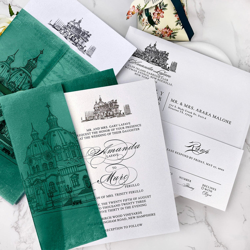 Vintage Emerald Church Vellum Wedding Invitations, Sacred Architecture Printing Wrap Invites, Personalized Wax seal and RSVP Wedding Ceremony Supplies Picky Bride 