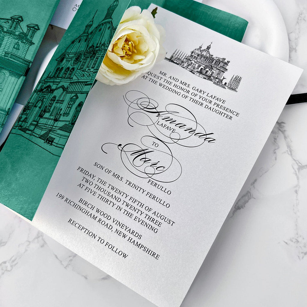 Vintage Emerald Church Vellum Wedding Invitations, Sacred Architecture Printing Wrap Invites, Personalized Wax seal and RSVP Wedding Ceremony Supplies Picky Bride 