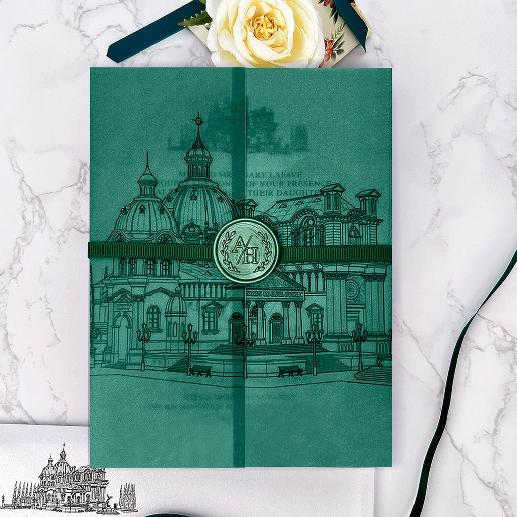 Vintage Emerald Church Vellum Wedding Invitations, Sacred Architecture Printing Wrap Invites, Personalized Wax seal and RSVP Wedding Ceremony Supplies Picky Bride 