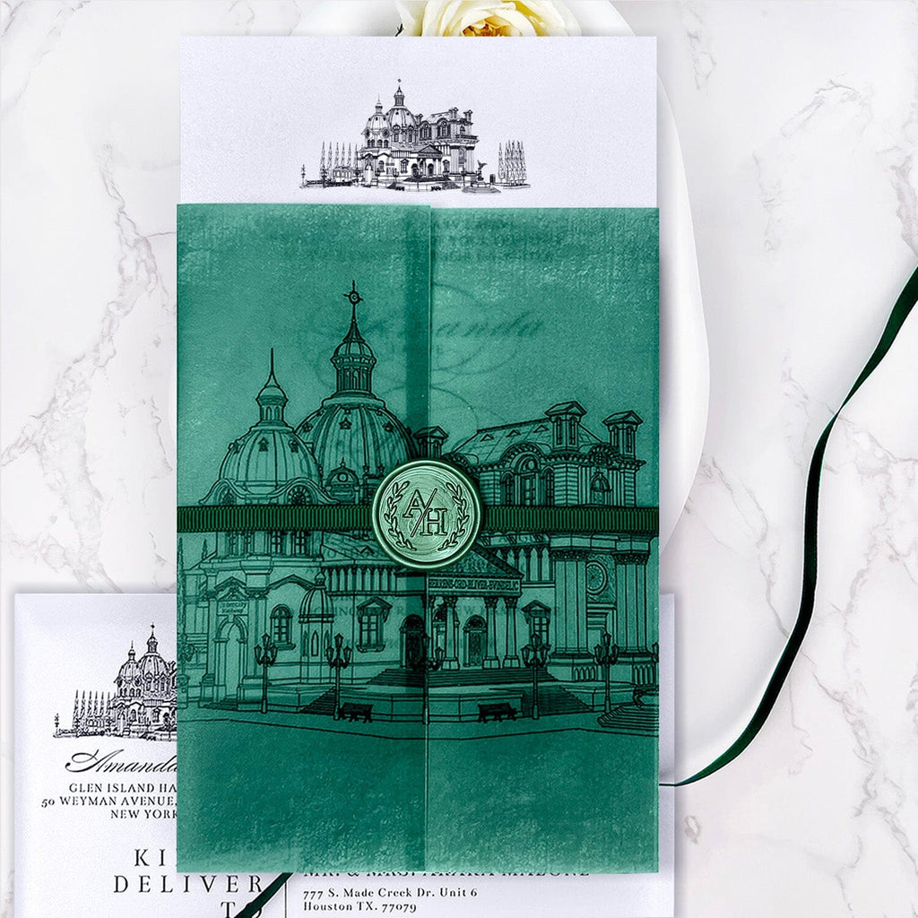 Vintage Emerald Church Vellum Wedding Invitations, Sacred Architecture Printing Wrap Invites, Personalized Wax seal and RSVP Wedding Ceremony Supplies Picky Bride 