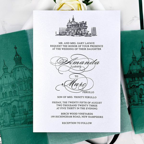 Vintage Emerald Church Vellum Wedding Invitations, Sacred Architecture Printing Wrap Invites, Personalized Wax seal and RSVP Wedding Ceremony Supplies Picky Bride 