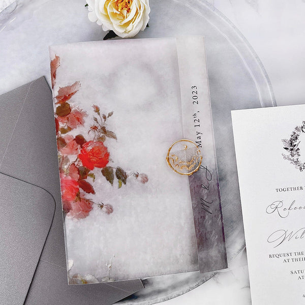 Vintage Grey and Floral Vellum Jacket Wedding Invitation, Elegant Watercolor Flowers Covers with Gold Wax Seal, Personalized Botanical Monogram Invites with RSVP Wedding Ceremony Supplies Picky Bride 