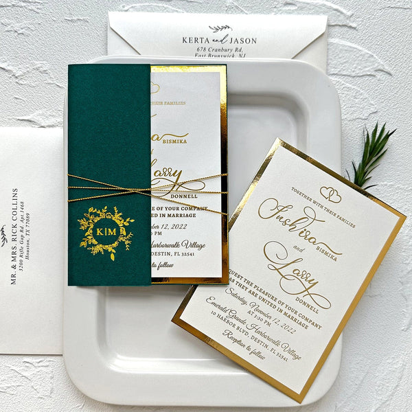 Vintage Jungle Green and Gold Wedding Invitation, Luxury Gold Foil Double-layer Wedding Invitation, Personalized Monogram Foiled Cover, Gold RSVP Wedding Ceremony Supplies Picky Bride 