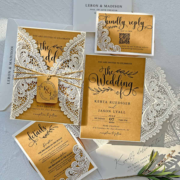 Vintage Lace Wedding Invitation Set, Rustic Wedding Invites with RSVP Cards, Detail Cards Wedding Ceremony Supplies Picky Bride 