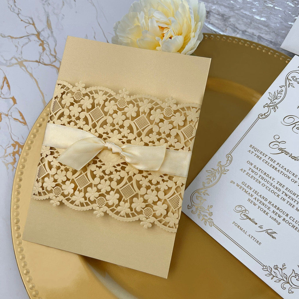 Vintage Pale Yellow and Gold Wedding Invitation, Elegant Floral Laser Cut Invites, Luxury Gold Foil and Botanical Frame Invitations Wedding Ceremony Supplies Picky Bride 