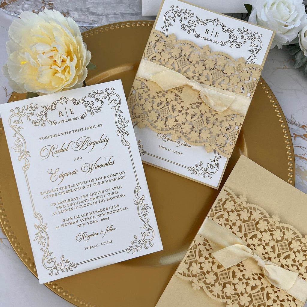 Vintage Pale Yellow and Gold Wedding Invitation, Elegant Floral Laser Cut Invites, Luxury Gold Foil and Botanical Frame Invitations Wedding Ceremony Supplies Picky Bride 