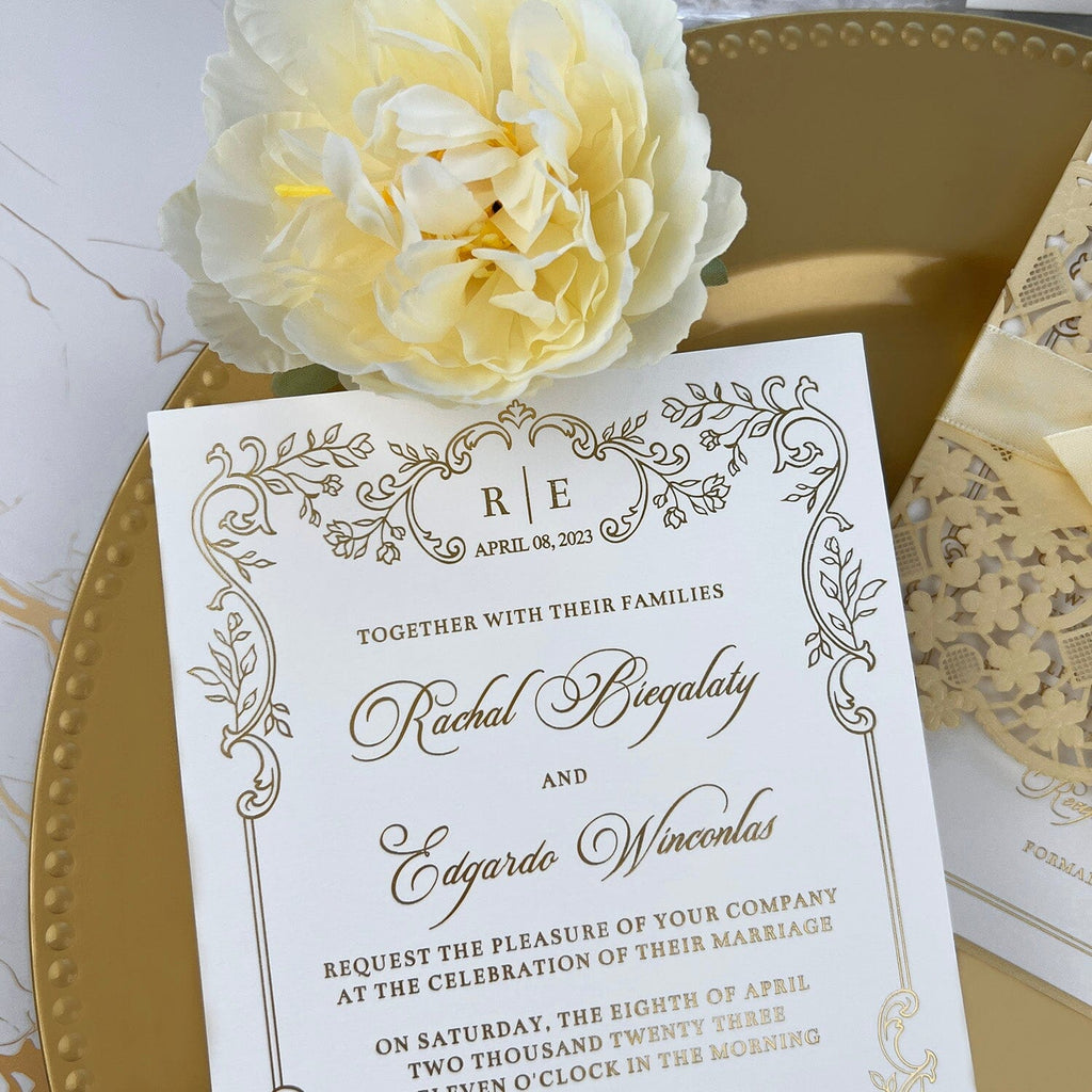 Vintage Pale Yellow and Gold Wedding Invitation, Elegant Floral Laser Cut Invites, Luxury Gold Foil and Botanical Frame Invitations Wedding Ceremony Supplies Picky Bride 