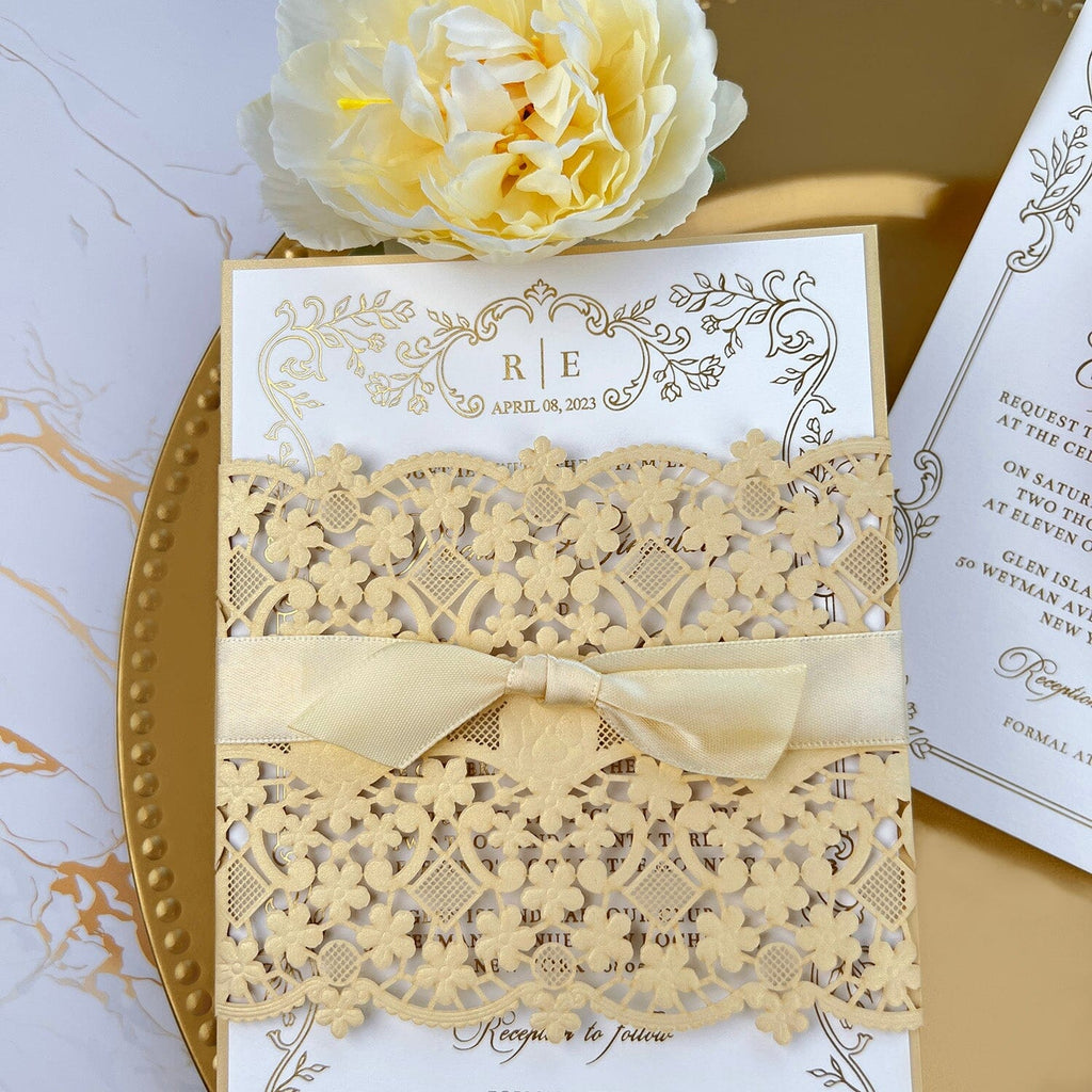 Vintage Pale Yellow and Gold Wedding Invitation, Elegant Floral Laser Cut Invites, Luxury Gold Foil and Botanical Frame Invitations Wedding Ceremony Supplies Picky Bride 