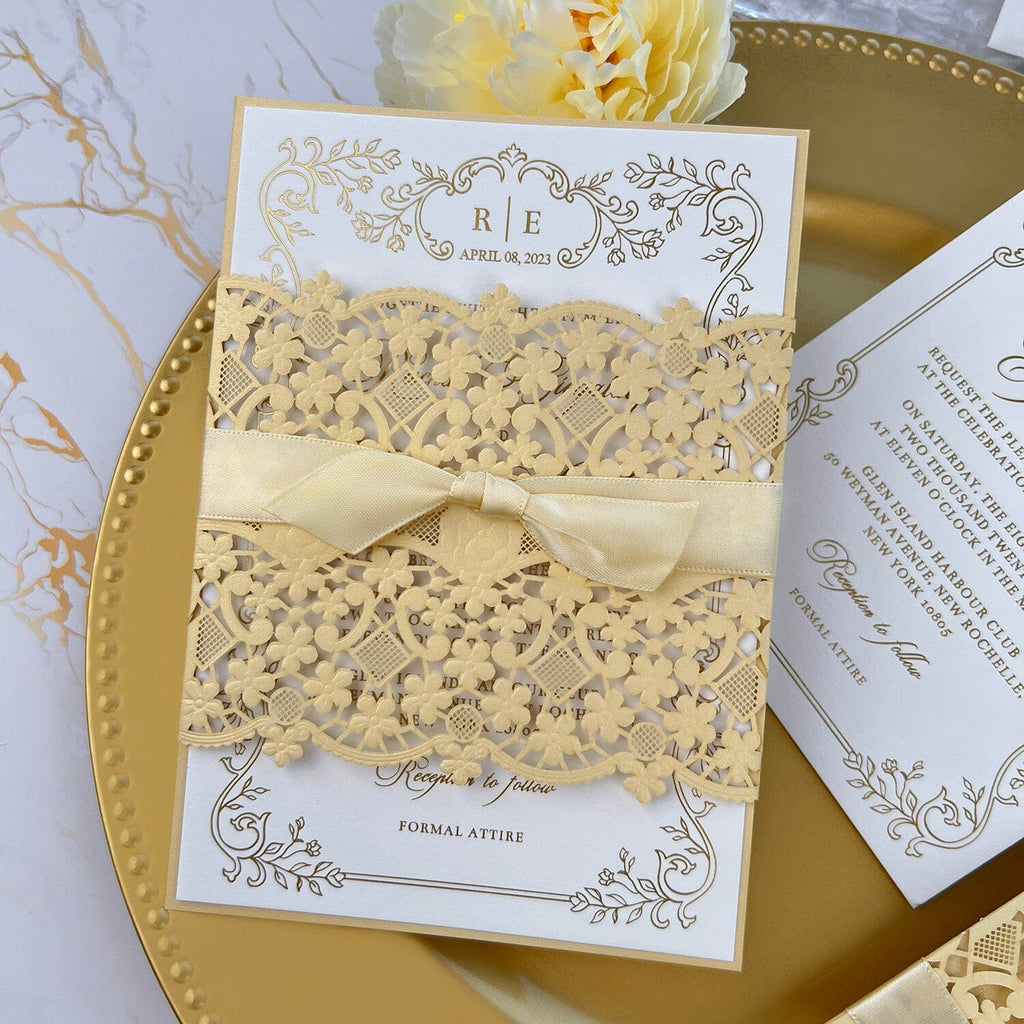 Vintage Pale Yellow and Gold Wedding Invitation, Elegant Floral Laser Cut Invites, Luxury Gold Foil and Botanical Frame Invitations Wedding Ceremony Supplies Picky Bride 