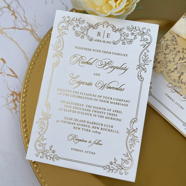 Vintage Pale Yellow and Gold Wedding Invitation, Elegant Floral Laser Cut Invites, Luxury Gold Foil and Botanical Frame Invitations Wedding Ceremony Supplies Picky Bride 