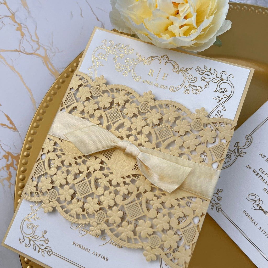 Vintage Pale Yellow and Gold Wedding Invitation, Elegant Floral Laser Cut Invites, Luxury Gold Foil and Botanical Frame Invitations Wedding Ceremony Supplies Picky Bride 