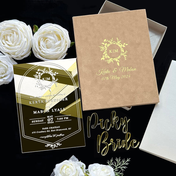 Vintage Velvet Mirror Gold Acrylic Wedding Invitations with Gold Foil Monogram, Luxury Boxed Acrylic Wedding Invites and Matching Cards Picky Bride 