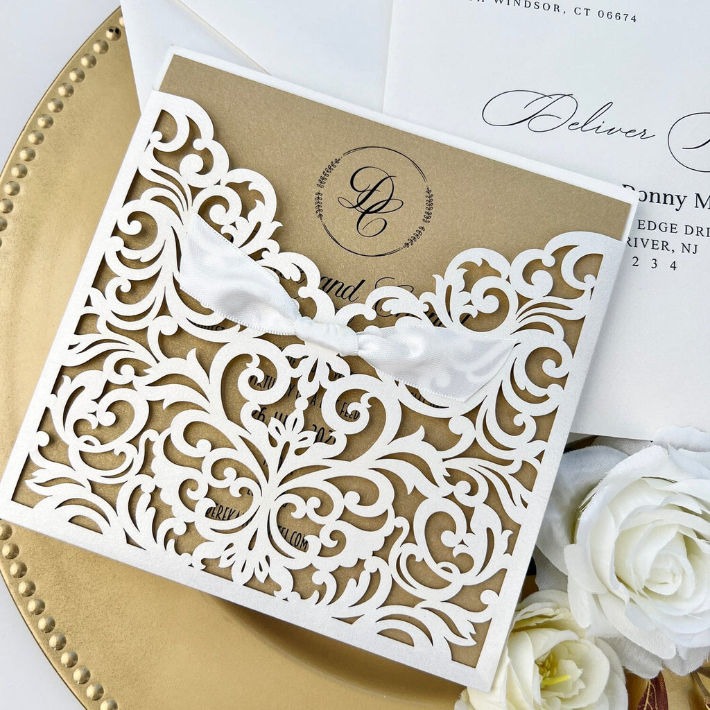 White and Gold Pocket Wedding Invitation, Laser Cut Invitations for Luxury Wedding, Personalized Wedding Logo Wedding Ceremony Supplies Picky Bride 