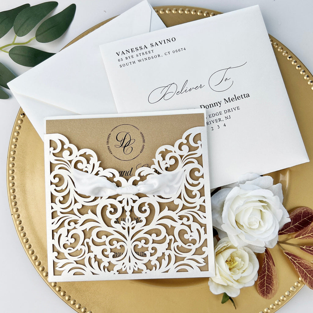 White and Gold Pocket Wedding Invitation, Laser Cut Invitations for Luxury Wedding, Personalized Wedding Logo Wedding Ceremony Supplies Picky Bride 