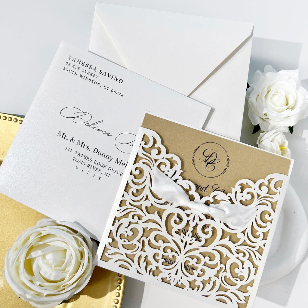 White and Gold Pocket Wedding Invitation, Laser Cut Invitations for Luxury Wedding, Personalized Wedding Logo Wedding Ceremony Supplies Picky Bride 