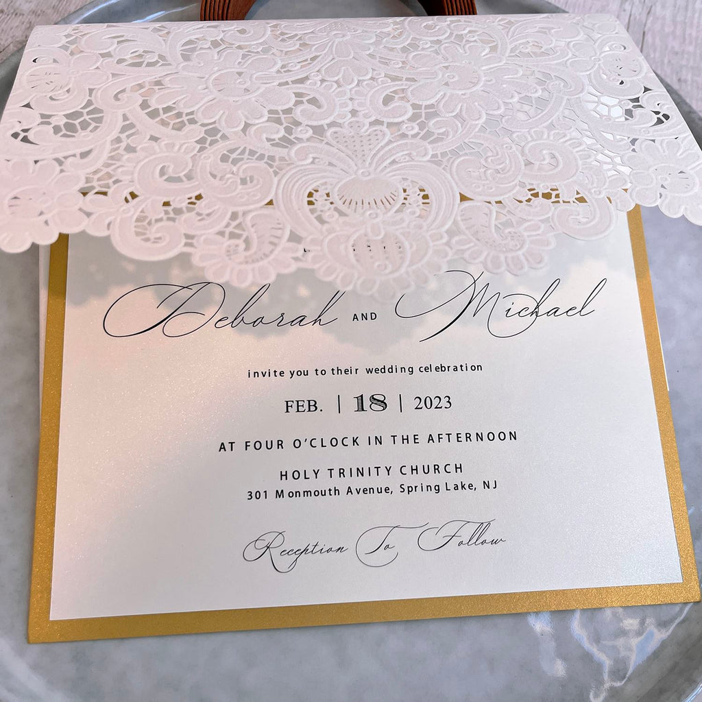 White and Gold Pocket Wedding Invitation Set, Laser Cut Embossed Wedding Invitations, Minimalist Calligraphy Invites Wedding Ceremony Supplies Picky Bride 