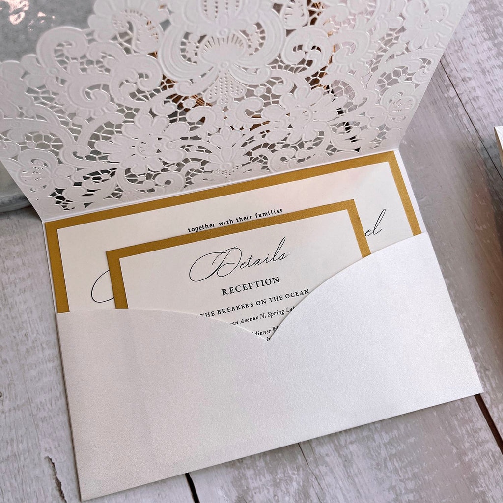 White and Gold Pocket Wedding Invitation Set, Laser Cut Embossed Wedding Invitations, Minimalist Calligraphy Invites Wedding Ceremony Supplies Picky Bride 