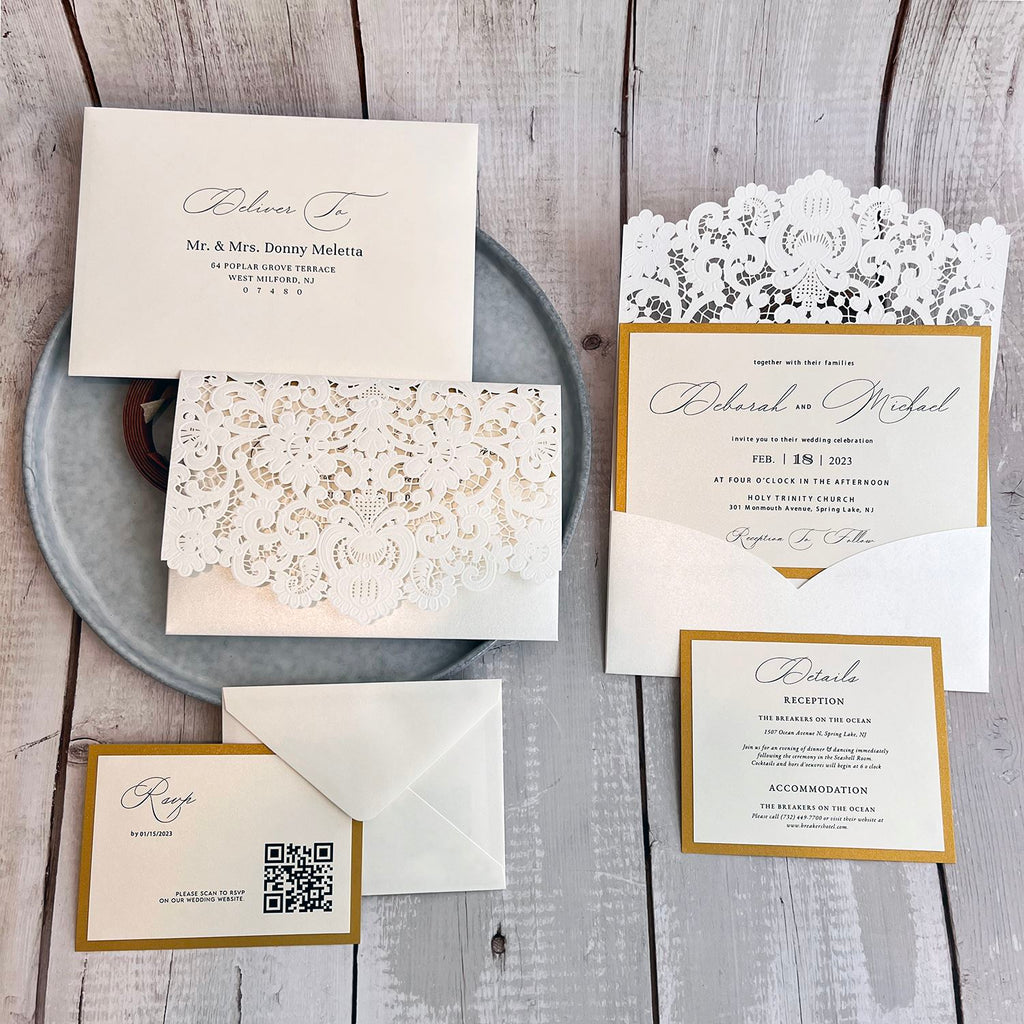 White and Gold Pocket Wedding Invitation Set, Laser Cut Embossed Wedding Invitations, Minimalist Calligraphy Invites Wedding Ceremony Supplies Picky Bride 