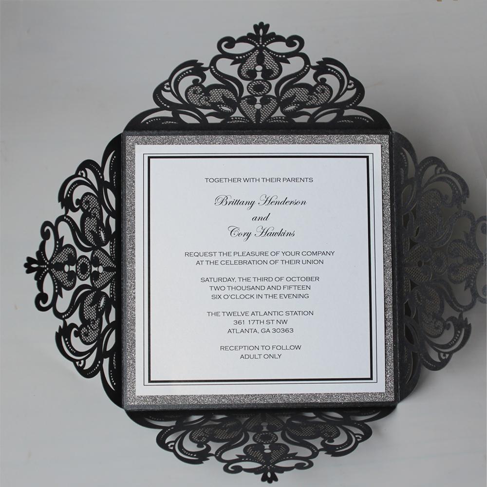 15 x 15cm Black Invitation for Luxury Wedding Theme Bridal Shower Invitation Cards Business Invited Silver Glitter Paper Picky Bride 
