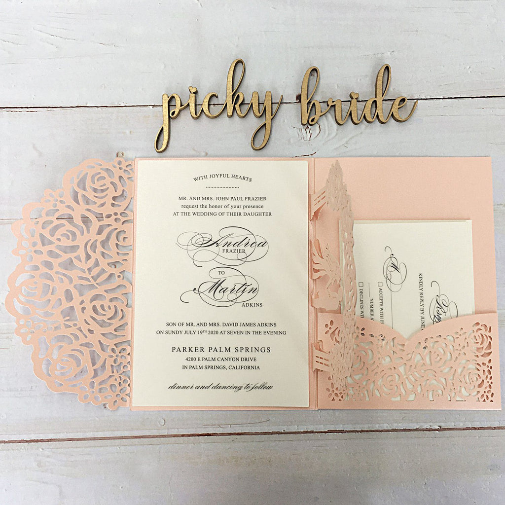 3D Pale Pink Customized Invitations with RSVP Cards for Wedding, Unique Invite Cards Picky Bride 