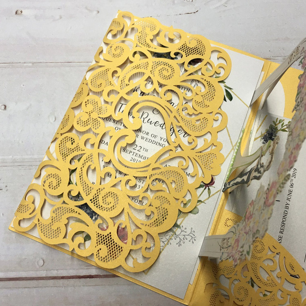 3D Yellow Gold Invitations with RSVP Cards, Couple Wedding Invite Cards Picky Bride 