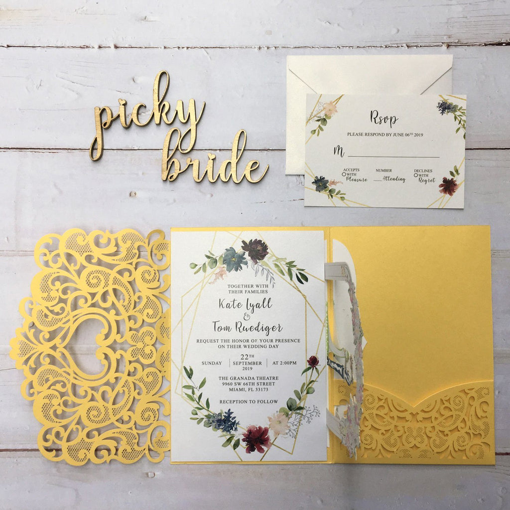 3D Yellow Gold Invitations with RSVP Cards, Couple Wedding Invite Cards Picky Bride 