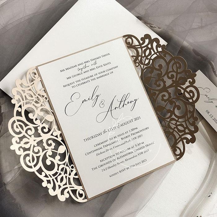 5 x 7 inch Laser Cut Wedding Invitations Champagne Lace Invitation Cards Calligraphy Invites Picky Bride 