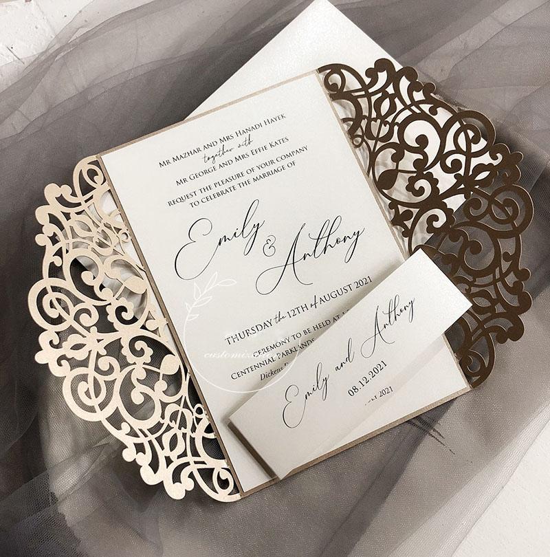 5 x 7 inch Laser Cut Wedding Invitations Champagne Lace Invitation Cards Calligraphy Invites Picky Bride 