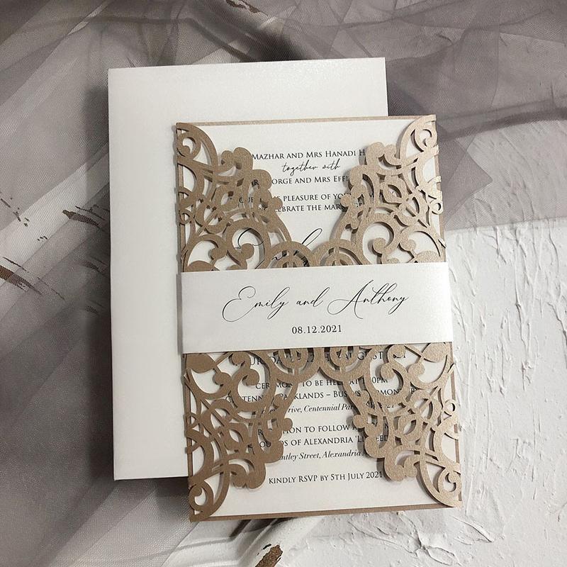 5 x 7 inch Laser Cut Wedding Invitations Champagne Lace Invitation Cards Calligraphy Invites Picky Bride 