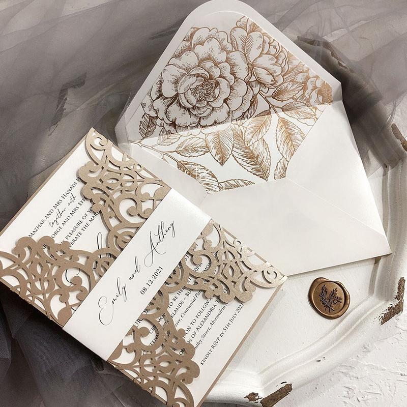 5 x 7 inch Laser Cut Wedding Invitations Champagne Lace Invitation Cards Calligraphy Invites Picky Bride 