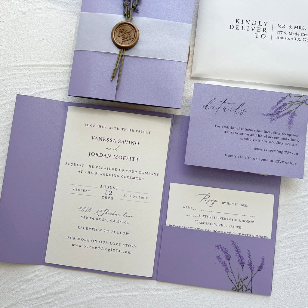 5x7 inches Pocket Wedding Invites, Lavender Detail Card with Printed Envelopes, Purple Wedding Invitation Set Wedding Ceremony Supplies Picky Bride 