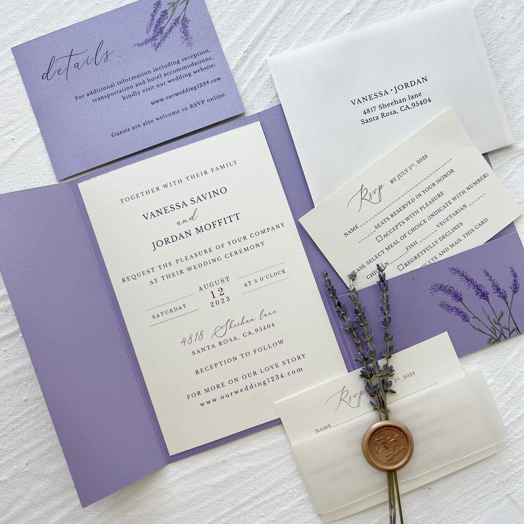 5x7 inches Pocket Wedding Invites, Lavender Detail Card with Printed Envelopes, Purple Wedding Invitation Set Wedding Ceremony Supplies Picky Bride 