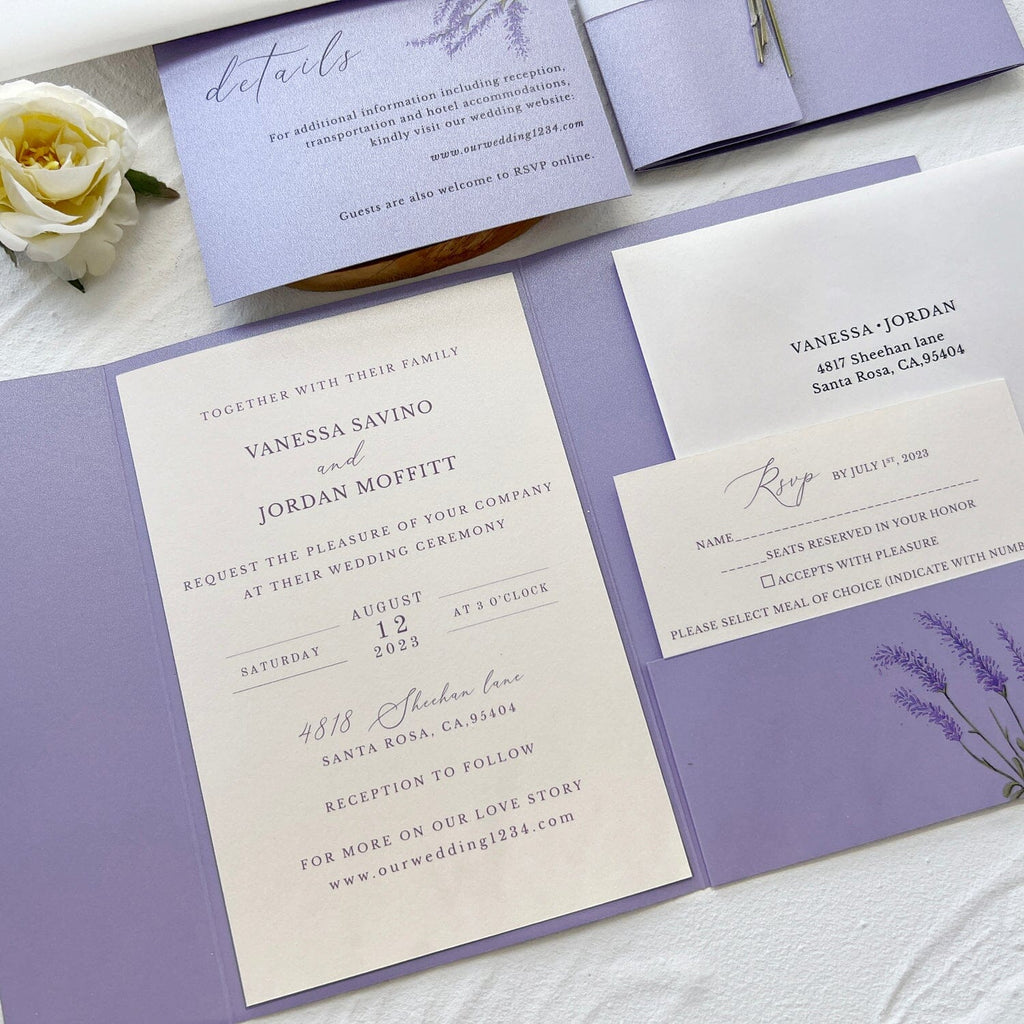 5x7 inches Pocket Wedding Invites, Lavender Detail Card with Printed Envelopes, Purple Wedding Invitation Set Wedding Ceremony Supplies Picky Bride 