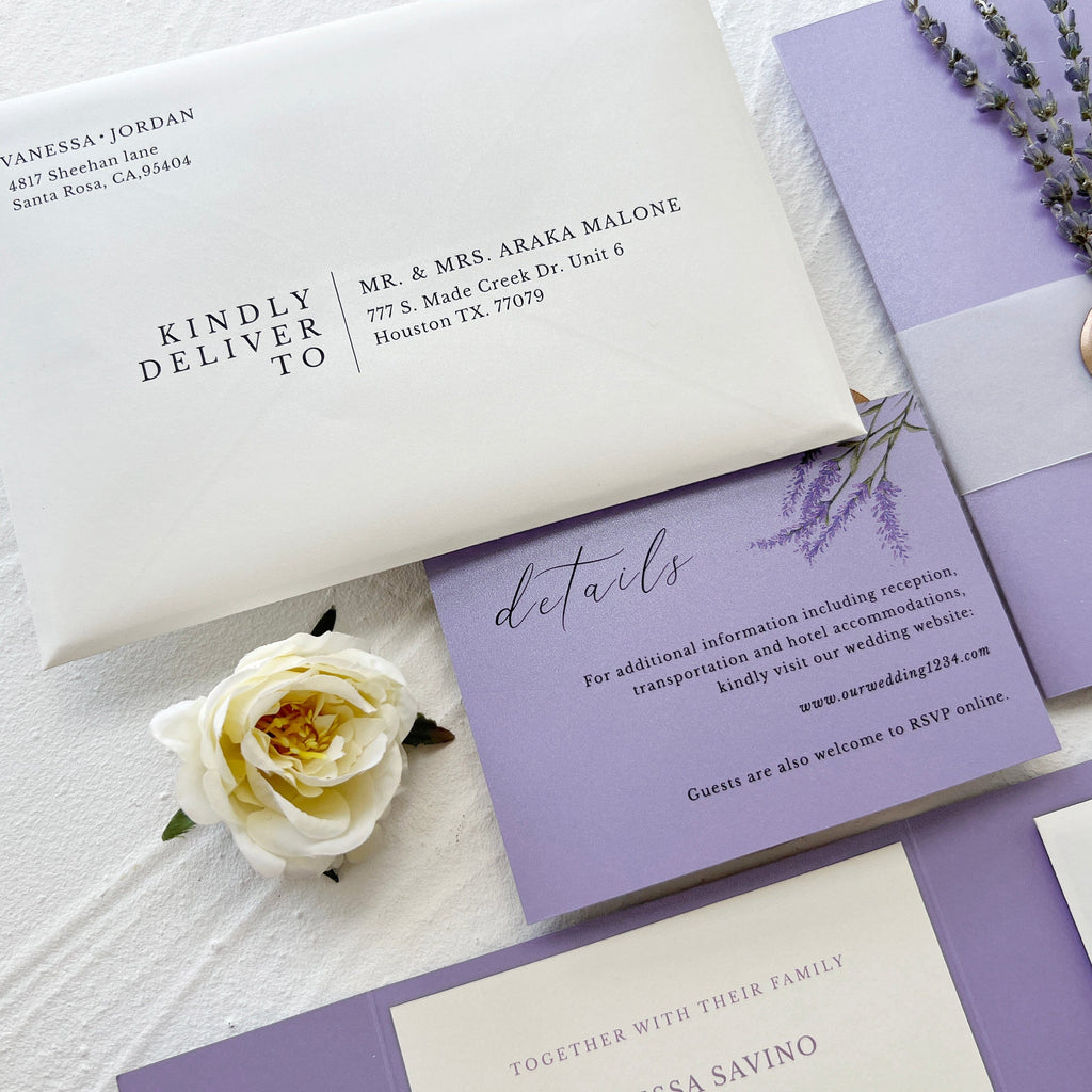 5x7 inches Pocket Wedding Invites, Lavender Detail Card with Printed Envelopes, Purple Wedding Invitation Set Wedding Ceremony Supplies Picky Bride 