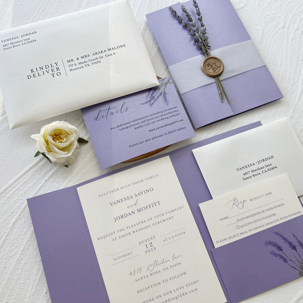 5x7 inches Pocket Wedding Invites, Lavender Detail Card with Printed Envelopes, Purple Wedding Invitation Set Wedding Ceremony Supplies Picky Bride 