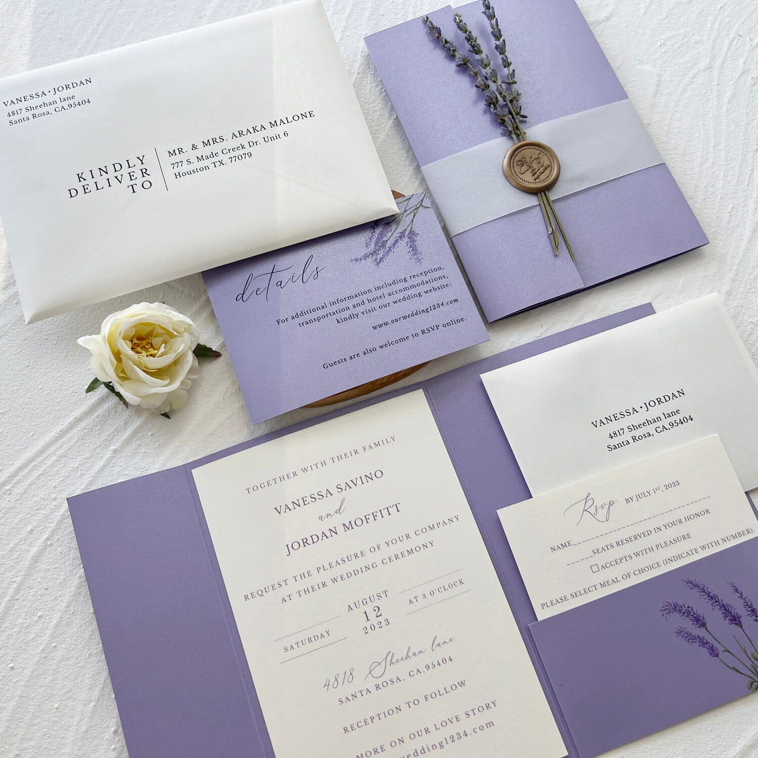 5x7 inches Pocket Wedding Invites, Lavender Detail Card with Printed E