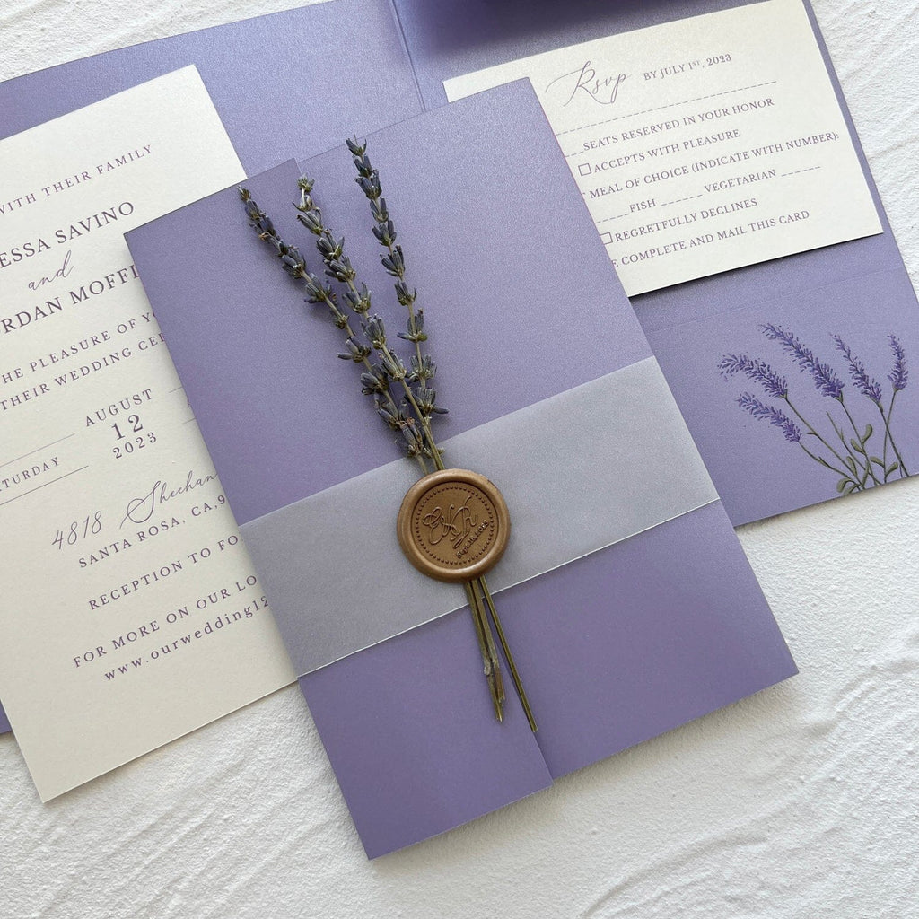 5x7 inches Pocket Wedding Invites, Lavender Detail Card with Printed Envelopes, Purple Wedding Invitation Set Wedding Ceremony Supplies Picky Bride 