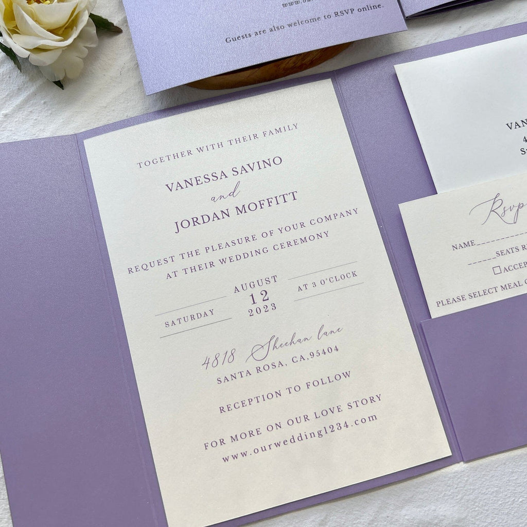 5x7 inches Pocket Wedding Invites, Lavender Detail Card with Printed Envelopes, Purple Wedding Invitation Set Wedding Ceremony Supplies Picky Bride 