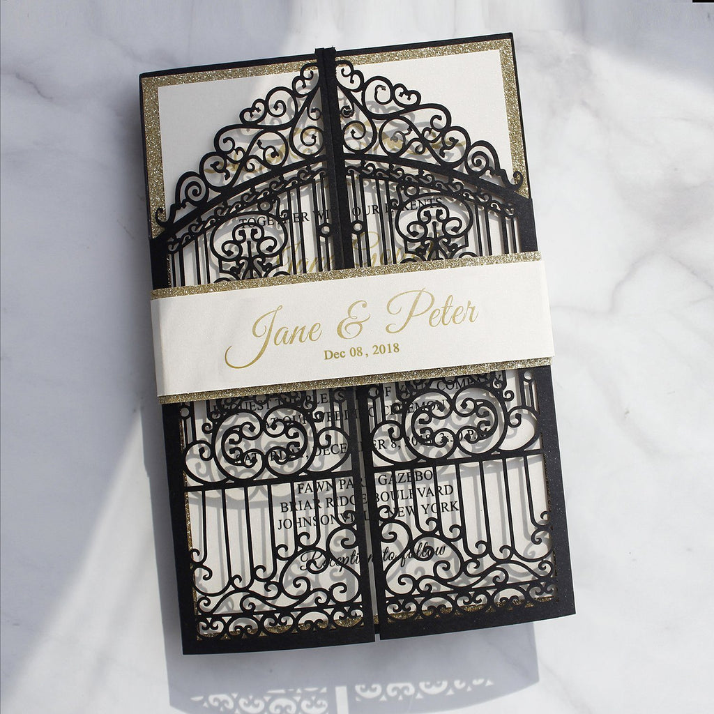 Black and Gold Wedding Invitations, Laser Cut Invitations for Luxury Wedding, Gate with Gold Glitter Invitation Cards Picky Bride 