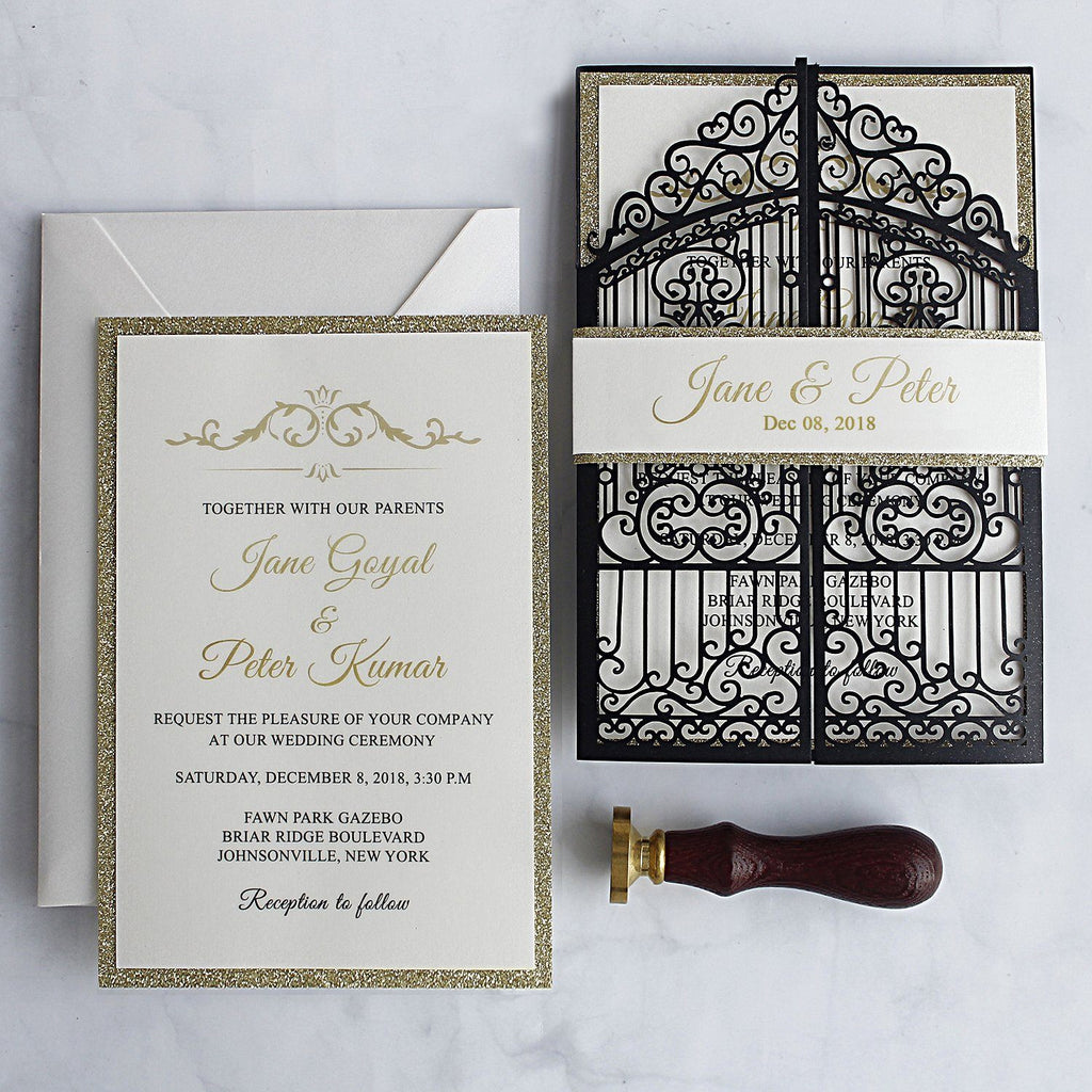 Black and Gold Wedding Invitations, Laser Cut Invitations for Luxury Wedding, Gate with Gold Glitter Invitation Cards Picky Bride 