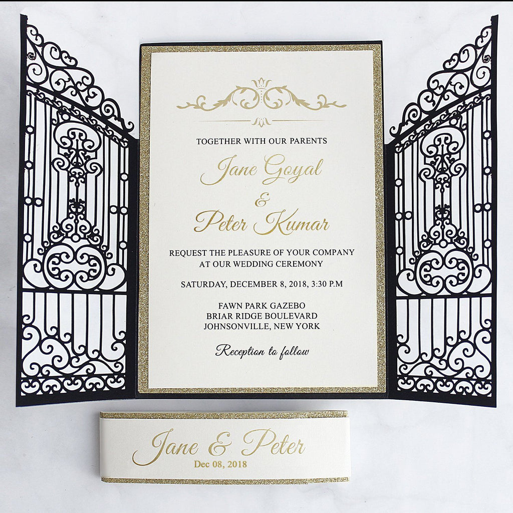 Black and Gold Wedding Invitations, Laser Cut Invitations for Luxury Wedding, Gate with Gold Glitter Invitation Cards Picky Bride 