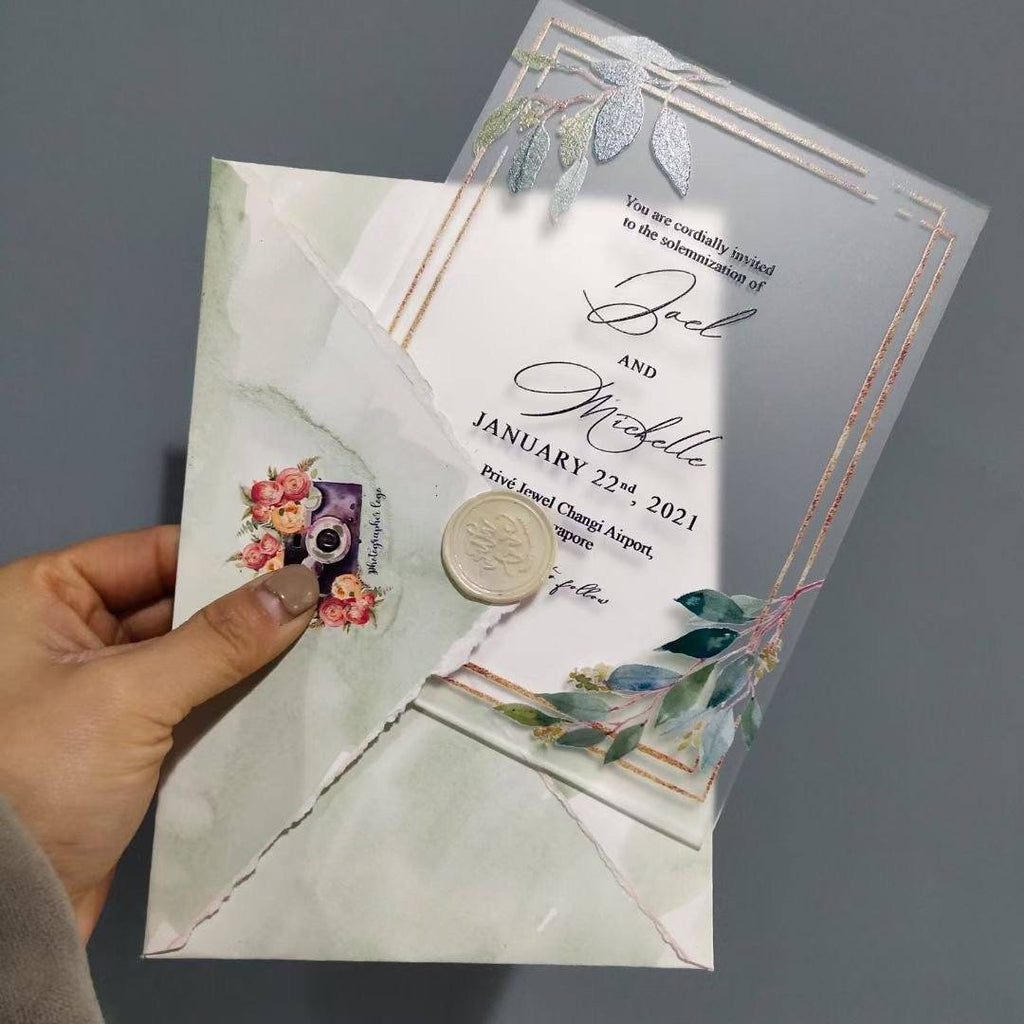 Botanical Frosted Acrylic Wedding Invitations with Envelopes, Customized Invite Wording Picky Bride 