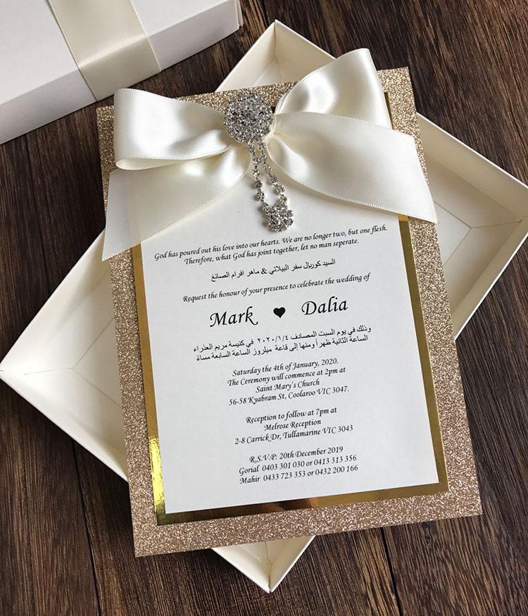 Gold Glitter Multi Layers Wedding Invitations with Ribbon Bow, Customi