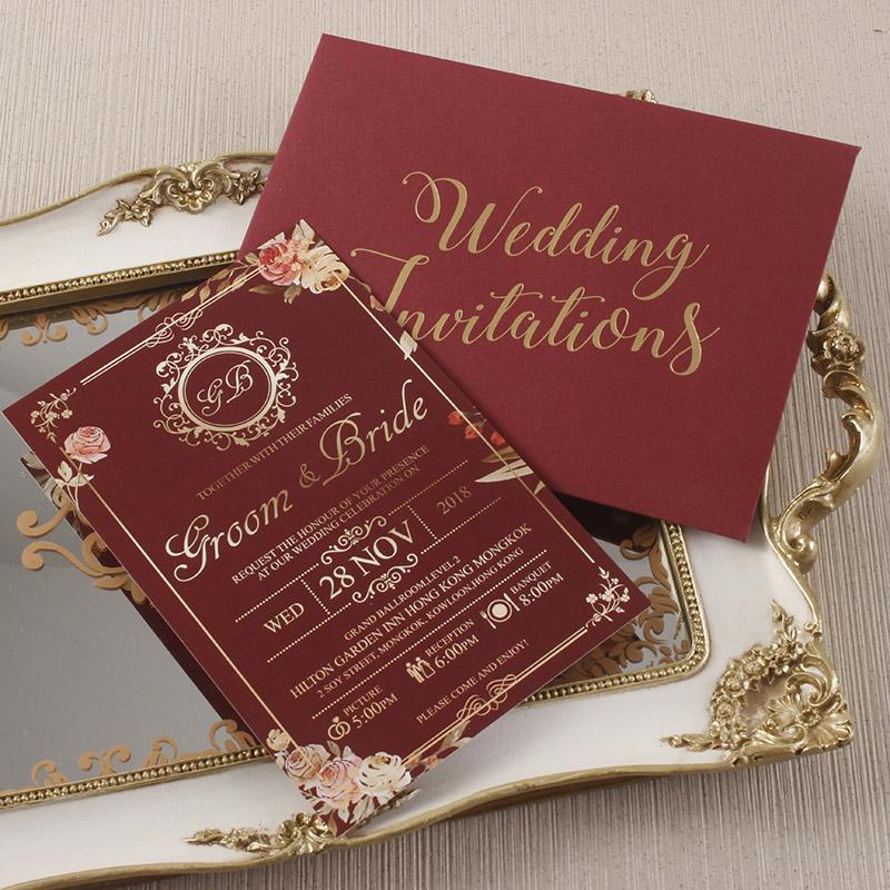 Burgundy and Gold Invitation Cards Floral Wedding Invite with Envelope Personalized Invites Picky Bride 