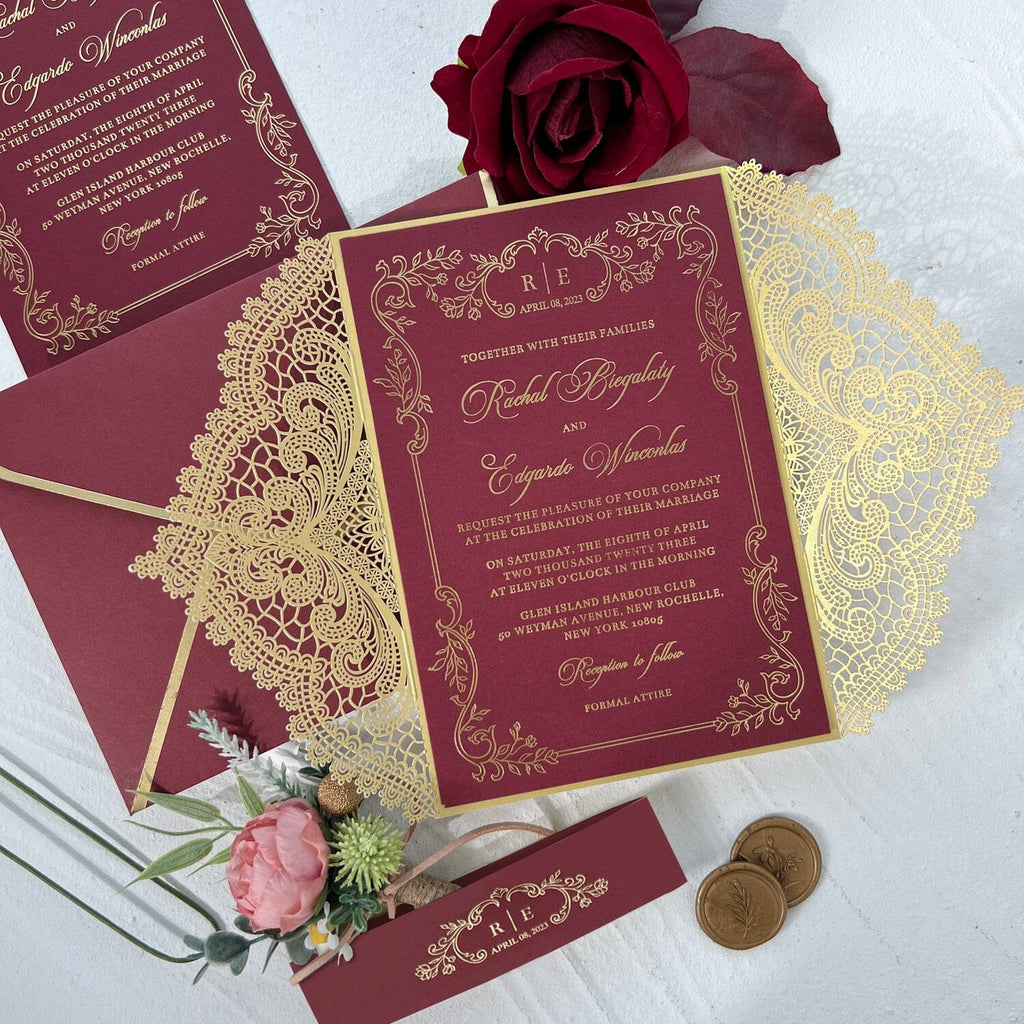 Burgundy and Gold Lace Wedding Invitations, Gold Foil Burgundy Wedding Invite and Wax Seals Picky Bride 