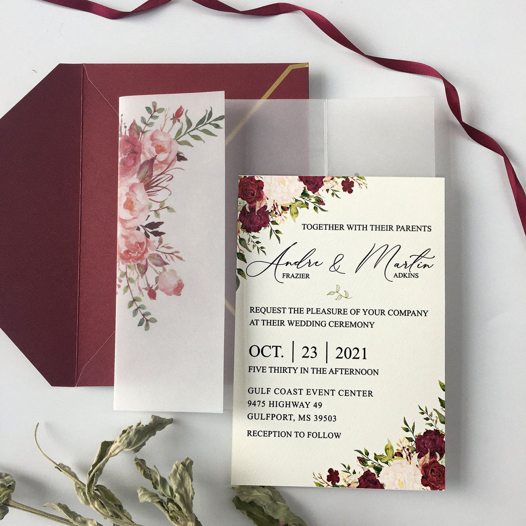 Burgundy Floral Wedding Invited Vellum Paper Wrap with Handmade Paper Invitations Picky Bride 