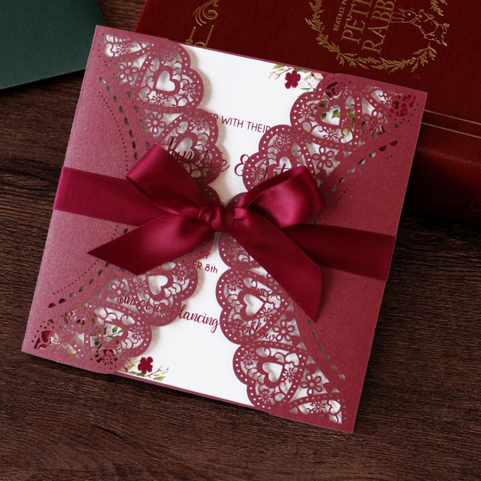 Burgundy Laser Cut Wedding Invitation With Red Ribbon Picky Bride 