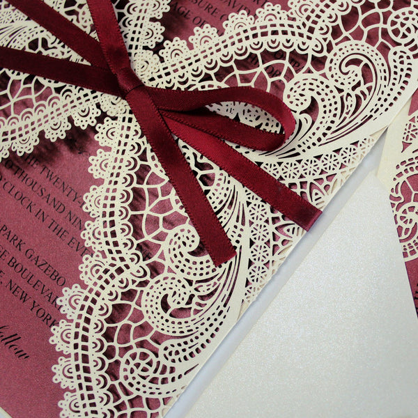 Burgundy Laser Cut Wedding Invite Cards with Envelopes Picky Bride 