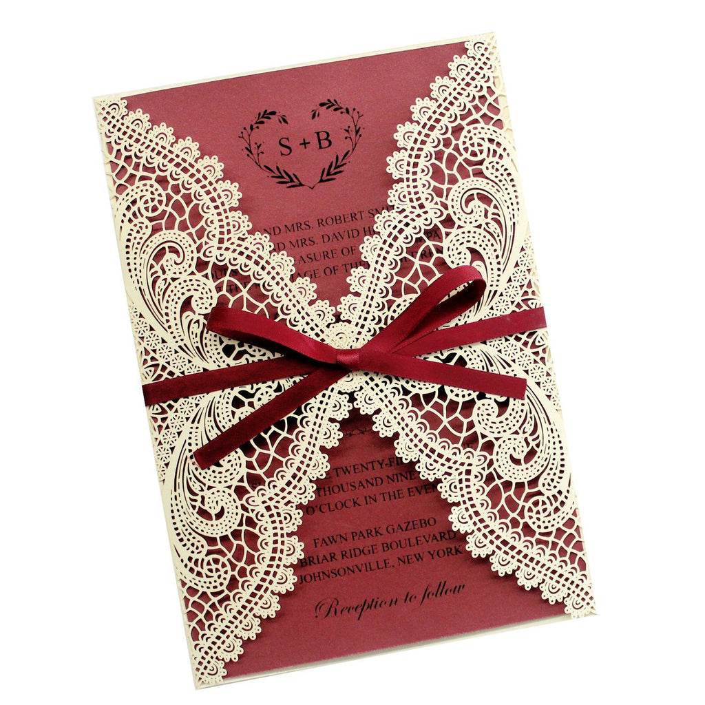 Burgundy Laser Cut Wedding Invite Cards with Envelopes Picky Bride 